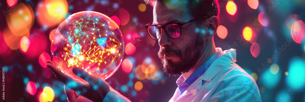 Poster a scientist, wearing a lab coat, holds a glowing sphere filled with intricate network connections ag