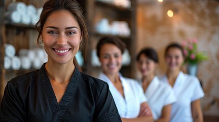 A smiling woman in spa uniform stands confidently with her team in the background