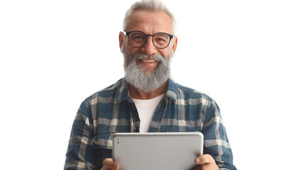 Mature man in plaid shirt and glasses happily using tablet, transparent background, half body photo.