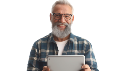 Mature man in plaid shirt and glasses happily using tablet, transparent background, half body photo.