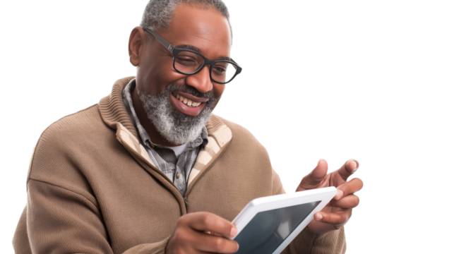 Joyful mature man with glasses and plaid shirt holding tablet, transparent background.