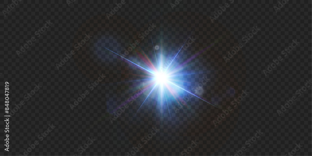 Poster light effect of blue glowing light. solar flare. glow effect. starbursts with twinkling highlights. 