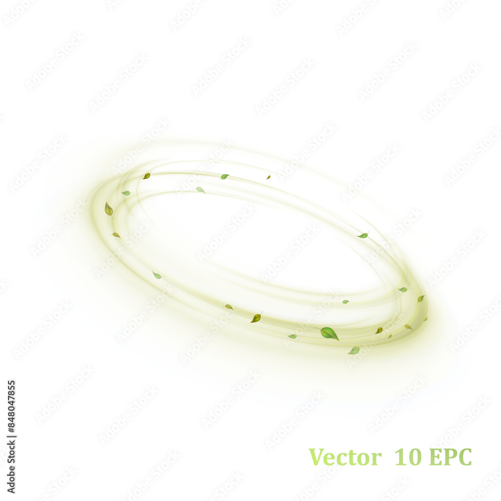 Poster green bright wind lines swirl in a circle with flying particles of green leaves on a white backgroun