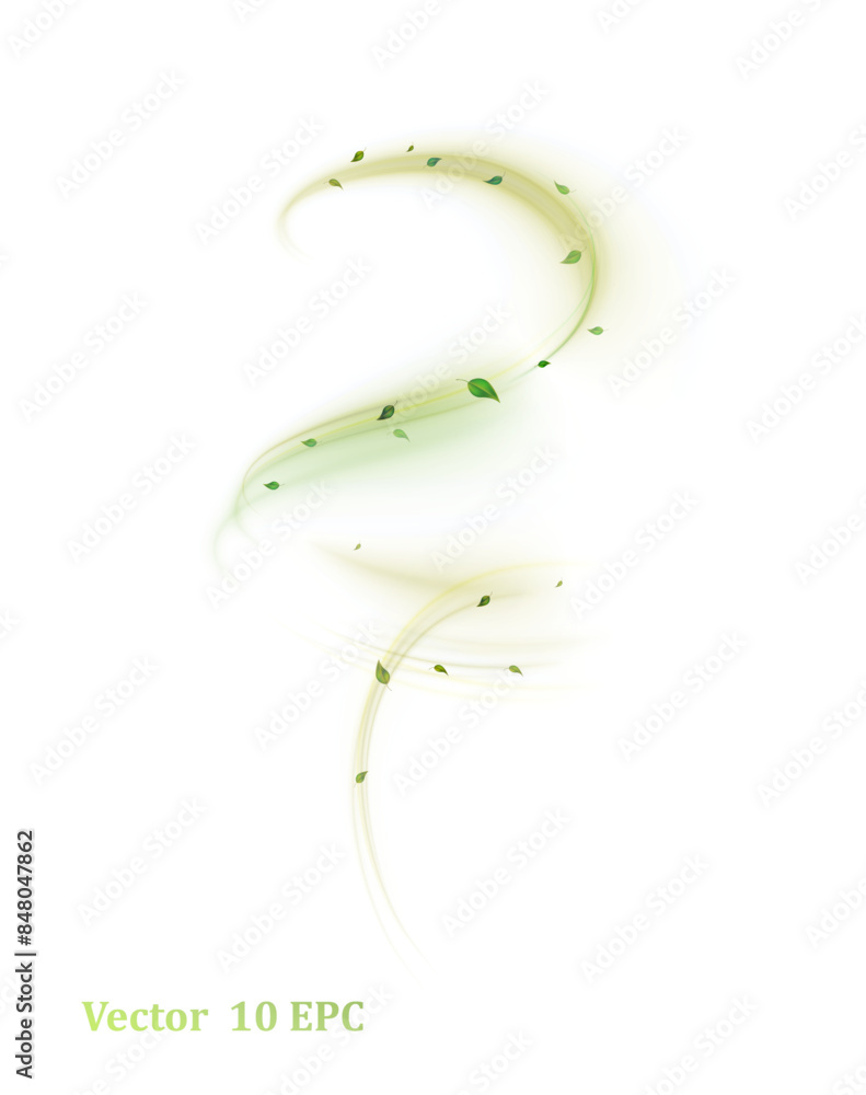 Poster green bright wind lines swirl in a circle with flying particles of green leaves on a white backgroun