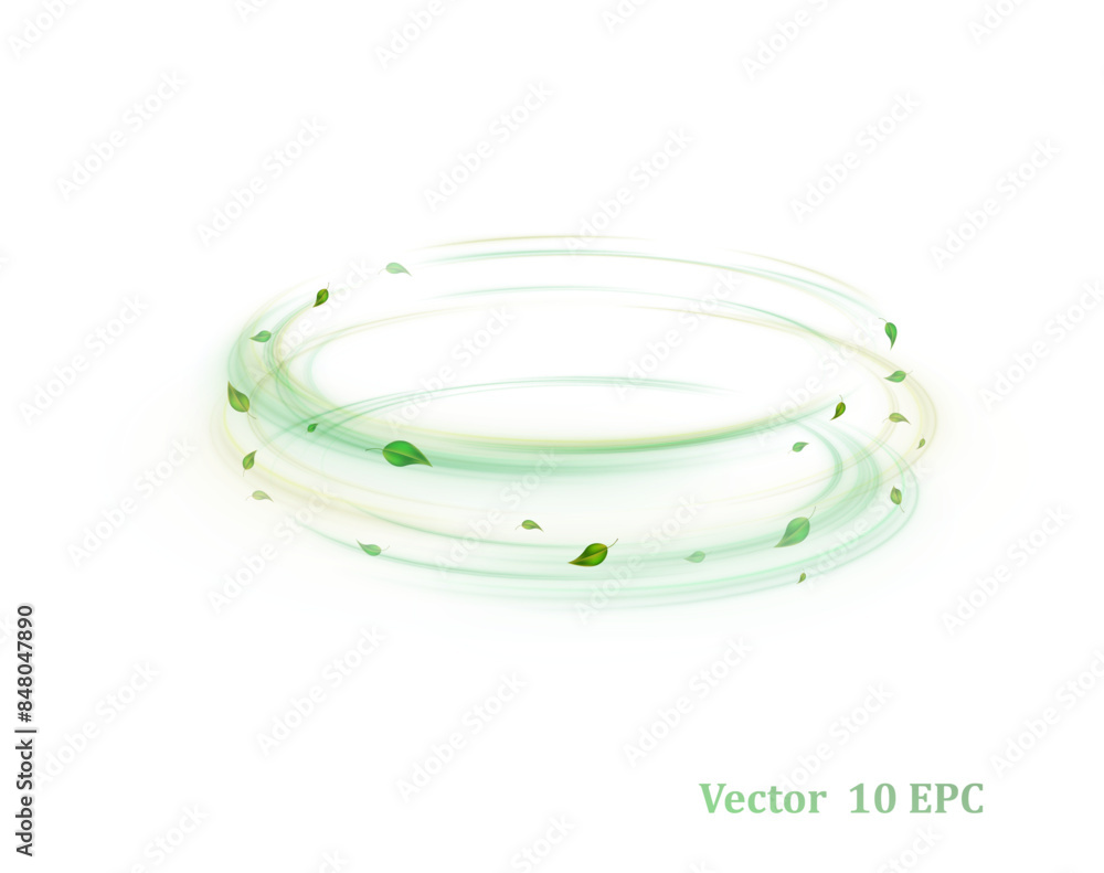 Poster green bright wind lines swirl in a circle with flying particles of green leaves on a white backgroun