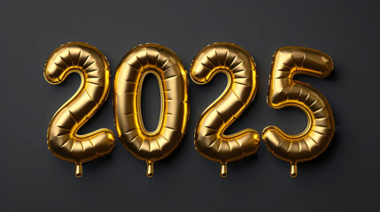Gold balloon numbers forming 2025 against a dark background, celebrating New Year's Eve
