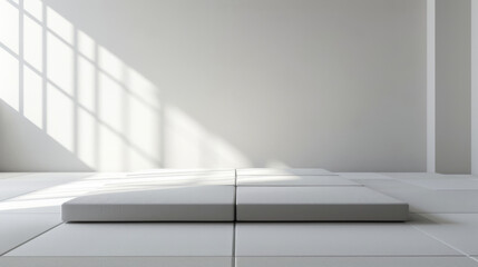 Fototapeta premium Minimalist design showcasing a clean, white room corner with natural sunlight streaming through large windows.