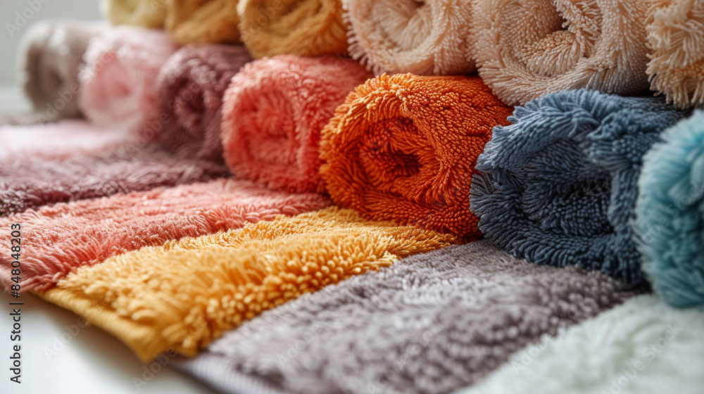 Poster neatly rolled colorful towels displayed in rows, showcasing a variety of vibrant and soft textures, 