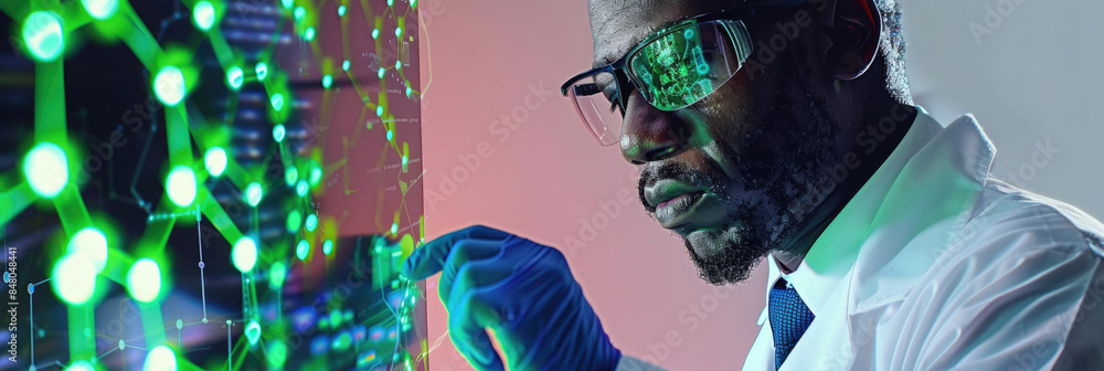 Poster a man wearing a white lab coat and protective eyewear interacts with a large digital interface. the 