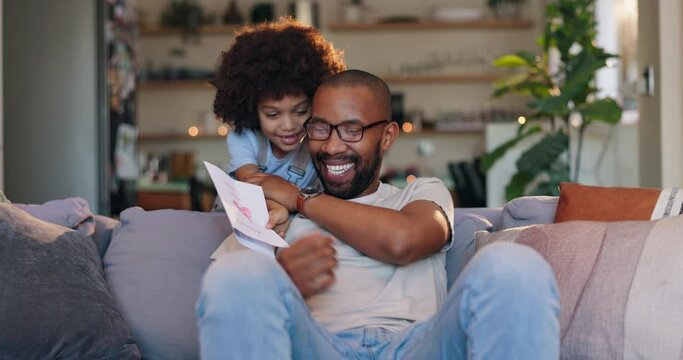 Happy dad, child and love with letter on sofa for fathers day, gift or surprise at home. Dada with smile for note, present or gesture on living room couch with son, little boy or young kid at house
