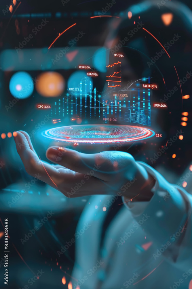 Poster a persons hand holds a holographic display of data, featuring graphs and charts, showcasing the powe