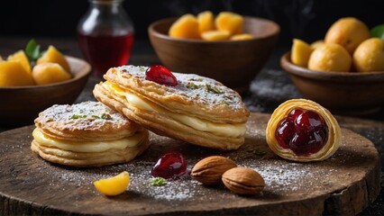 Puff Pastries with Cream and Cherry Topping