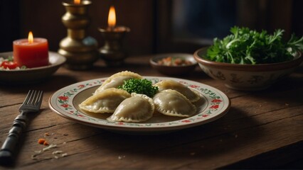 Plate of dumplings with parsley on rustic table