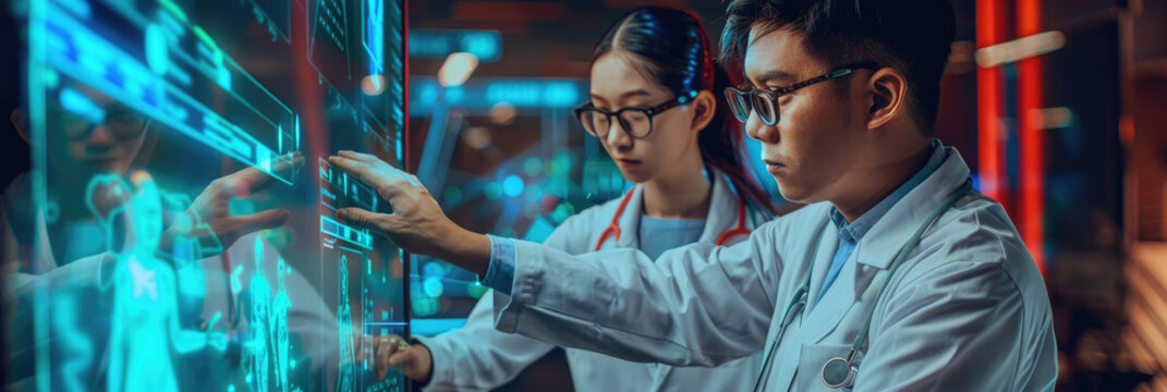 Two scientists in white coats analyze data on a large digital screen in a modern laboratory