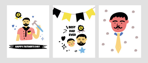 Father's Day set of postcards in flat lay styling. Promotion and shopping template for love dad. Father's Day poster template with necktie and mustache. vector illustration