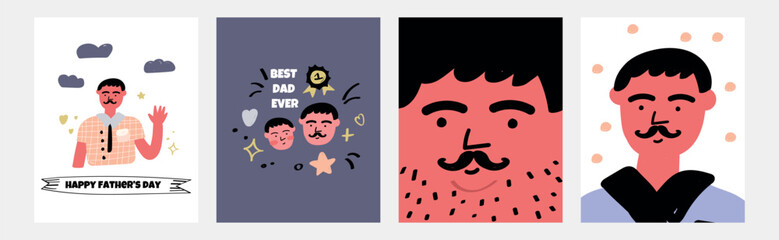 Father's Day set of postcards in flat lay styling. Promotion and shopping template for love dad. Father's Day poster template with necktie and mustache. vector illustration