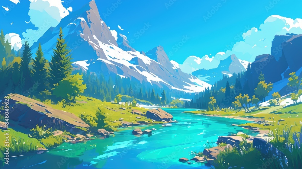 Poster a picturesque mountain river flows in isolation its crystal clear waters coursing swiftly through a 