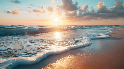 Obraz premium A Beautiful Beach With Gentle Waves And Golden Sand At Sunset With A Vibrant Sky Filled With Clouds