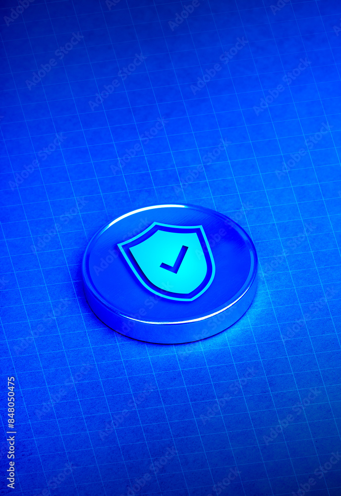 Poster 3d shield padlock on round chrome button on dark blue background with white abstract tech grid inter