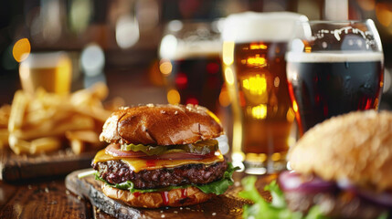 Fototapeta premium Close-up of a cheeseburger and beers on a table in a pub setting, highlighting the classic combination.
