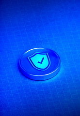 3d shield padlock on round chrome button on dark blue background with white abstract tech grid interface, digital cyberspace, network connection. Cyber security, data protection technology concepts.