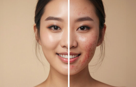 Portrait of a beautiful Asian woman with acne before and after treatment, showing healthy skin transformation. Closeup photo of Korean female  acne-prone skin problem with pimples and red acne scars