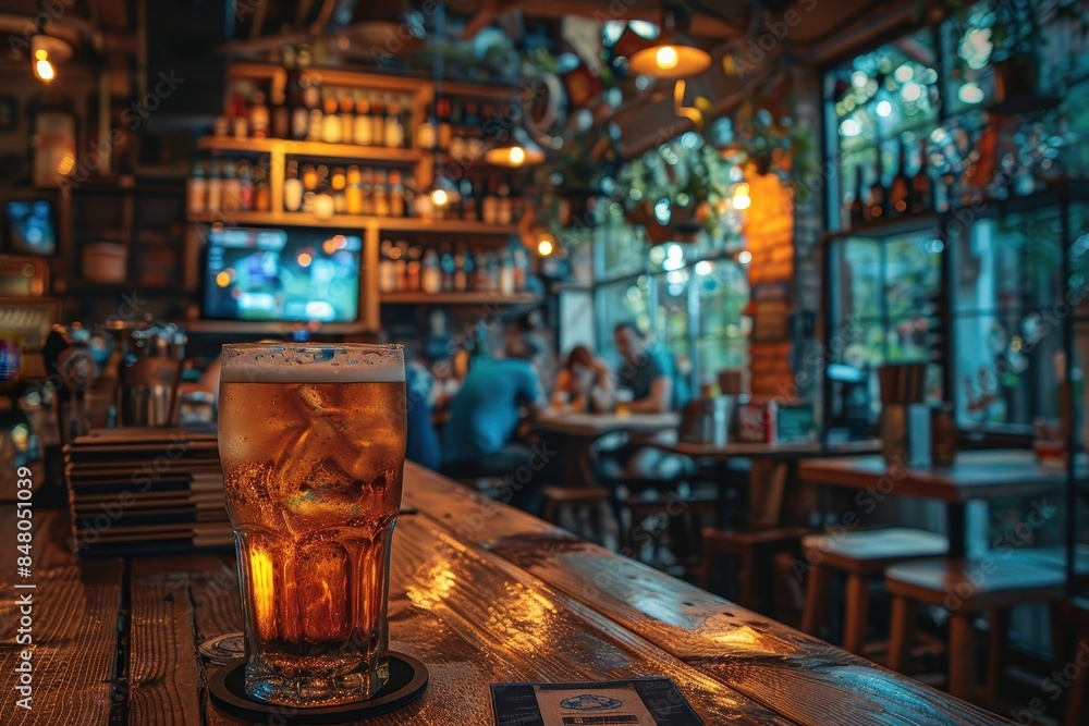 Aufkleber a refreshing pint of beer on a wooden table with a bokeh background of a busy, rustic pub setting