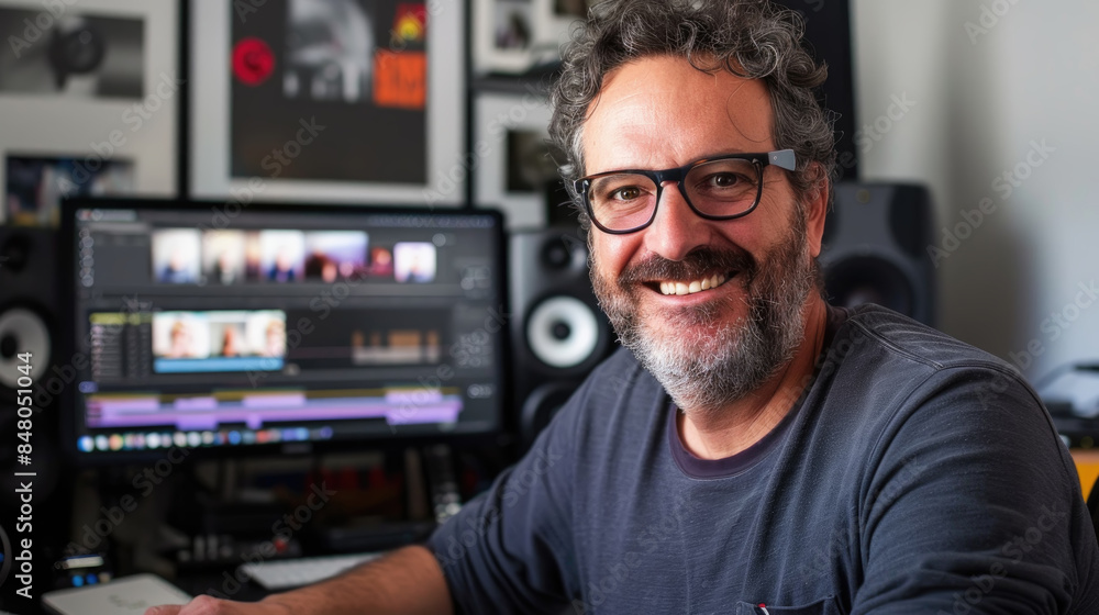 Poster a man smiles while working on a video editing project on his computer in his home studio