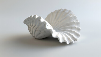 Detailed close-up of a white seashell sculpture presented on a smooth gray background.