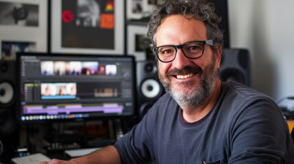 Fototapeta premium A man smiles while working on a video editing project on his computer in his home studio