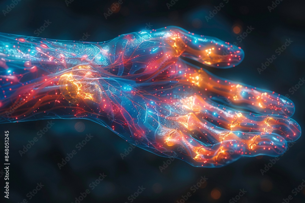 Poster abstract hand with glowing lines and dots, generative ai