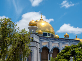 Close-up scene of Jame' Asr Hassanil Bolkiah Mosque landmark, named after Hassanal Bolkiah, the 29th and current Sultan of Brunei in Bandar Seri Begawan, the capital city of Brunei Darussalam.