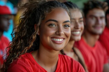Fototapeta premium Happy young woman with curly hair sitting on a team bench, surrounded by her teammates during a game