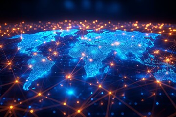 Obraz premium Digital world map with glowing network connections, symbolizing global communication, connectivity, and technology. Bright blue continents.
