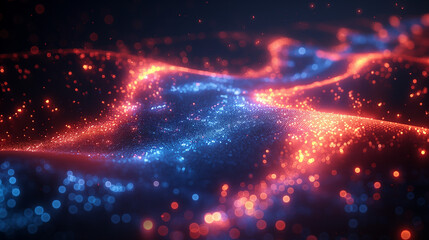 Obraz premium Digital generated image of abstract flowing data ramp made out of glowing blue and red splines moving away from camera on black background.