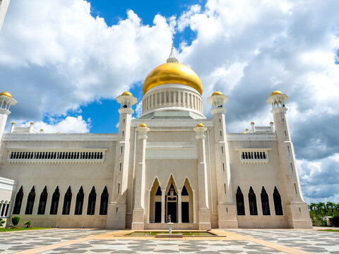 Architecture building exterior design around the masjid of Omar Ali Saifuddien Mosque, named after the 28th Sultan, landmark iconic in Bandar Seri Begawan, the capital city of Brunei Darussalam.