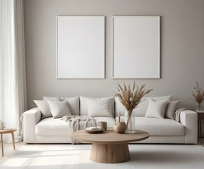 Frame mockup, ISO A paper size. Living room poster mockup. Modern interior design. Living room Interior mockup with house background. 3D render