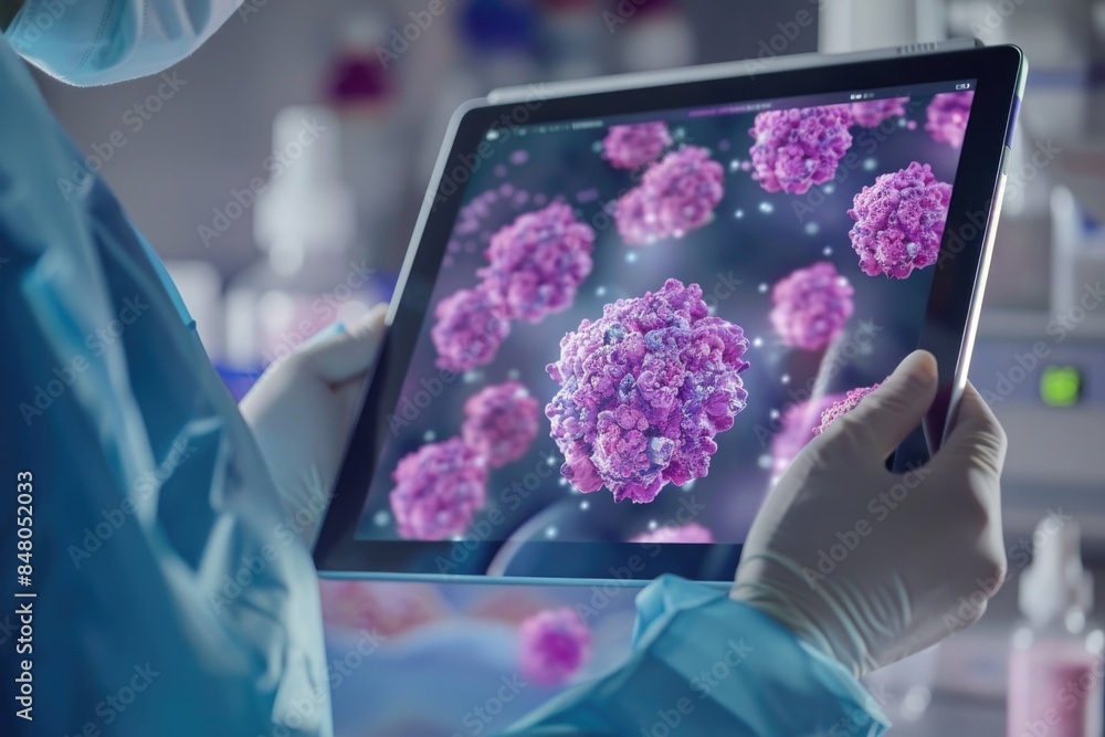 Aufkleber A scientist working at a laboratory desk with a tablet computer, possibly accessing data or testing software