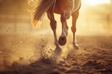 Fototapeta premium Close-up of a horse galloping on a sandy terrain with sunlight filtering through in the background, capturing motion and energy.