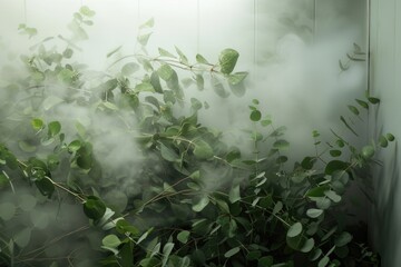 A small plant with green leaves is situated in a foggy room