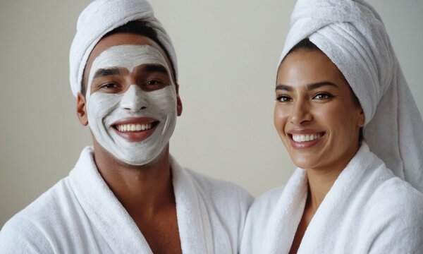 Studio Shot Of Young Couple After Spa. Beauty Portrait Of Man And Woman Wearing Bathrobe And Towels On Their Heads And Facial Mask Against White Background. Cosmetic, Skincare, Cosmetology Banner