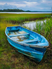 Obraz premium A blue boat sits on the grass near a body of water.