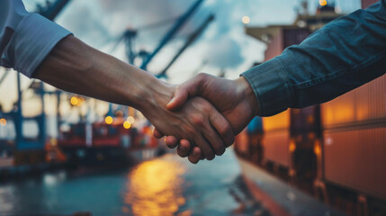 Two people shaking hands in front of a shipping dock, symbolizing business agreement and partnership in a maritime setting.