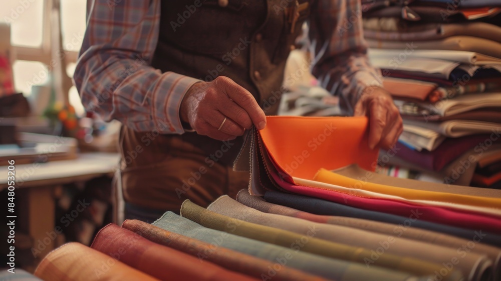 Aufkleber a person browsing through the fabric selection in a store
