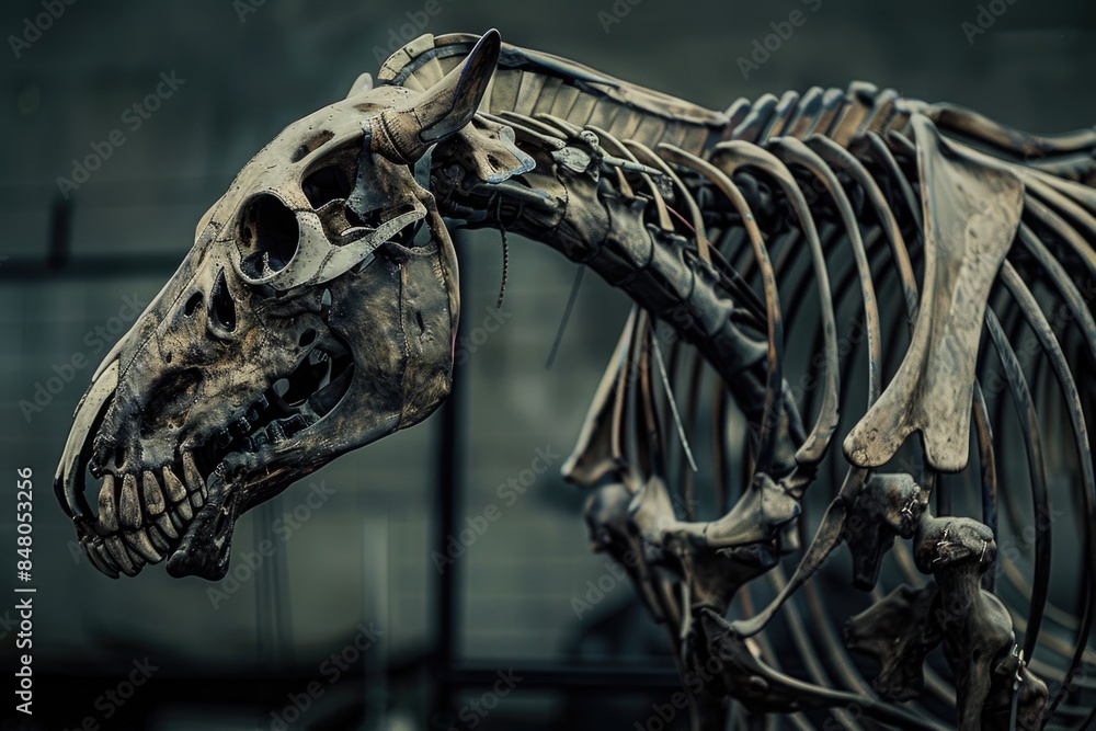 Poster A fossilized equine skeleton on display in a museum setting, suitable for use in educational or scientific contexts