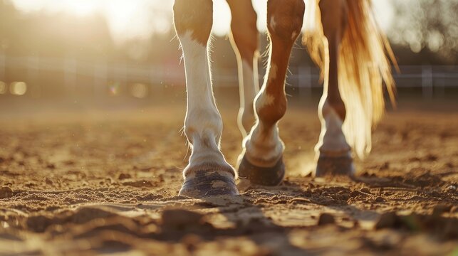 Close-up of horse legs walking on sandy ground in a paddock, beautifully backlit by the warm, golden light of the setting sun.