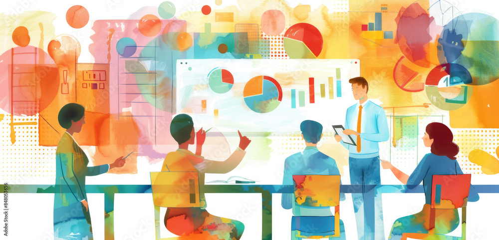 Poster A diverse group of business professionals sits around a table, discussing data and analytics presented on a whiteboard. They are all engaged and focused on the information being shared