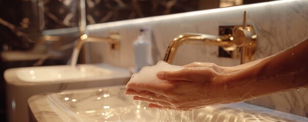 Obraz premium Washing hands in front of the sink in dark luxury bathroom, antibacterial concept banner. Generative AI.
