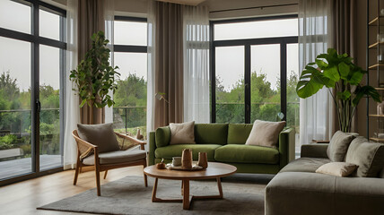 Stylish home living room interior with relaxing and dining space