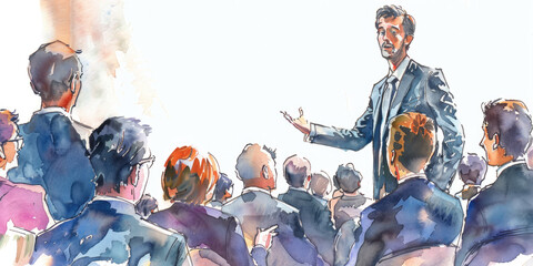 A watercolor illustration depicting a man in a suit giving a presentation to a group of seated attendees